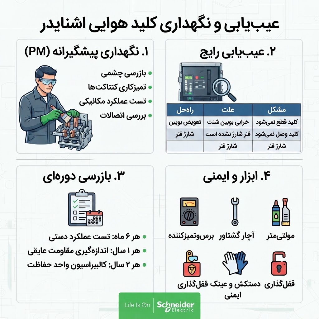عیب یابی و نگهداری کلید هوایی اشنایدر